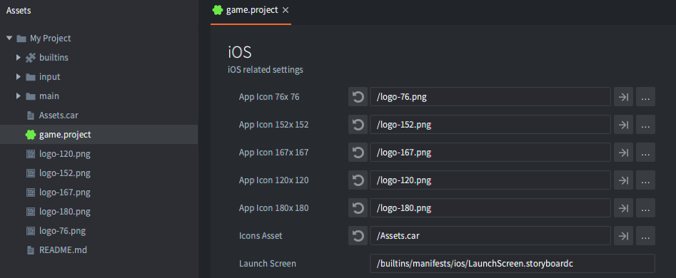 Add icon and asset catalog to game.project